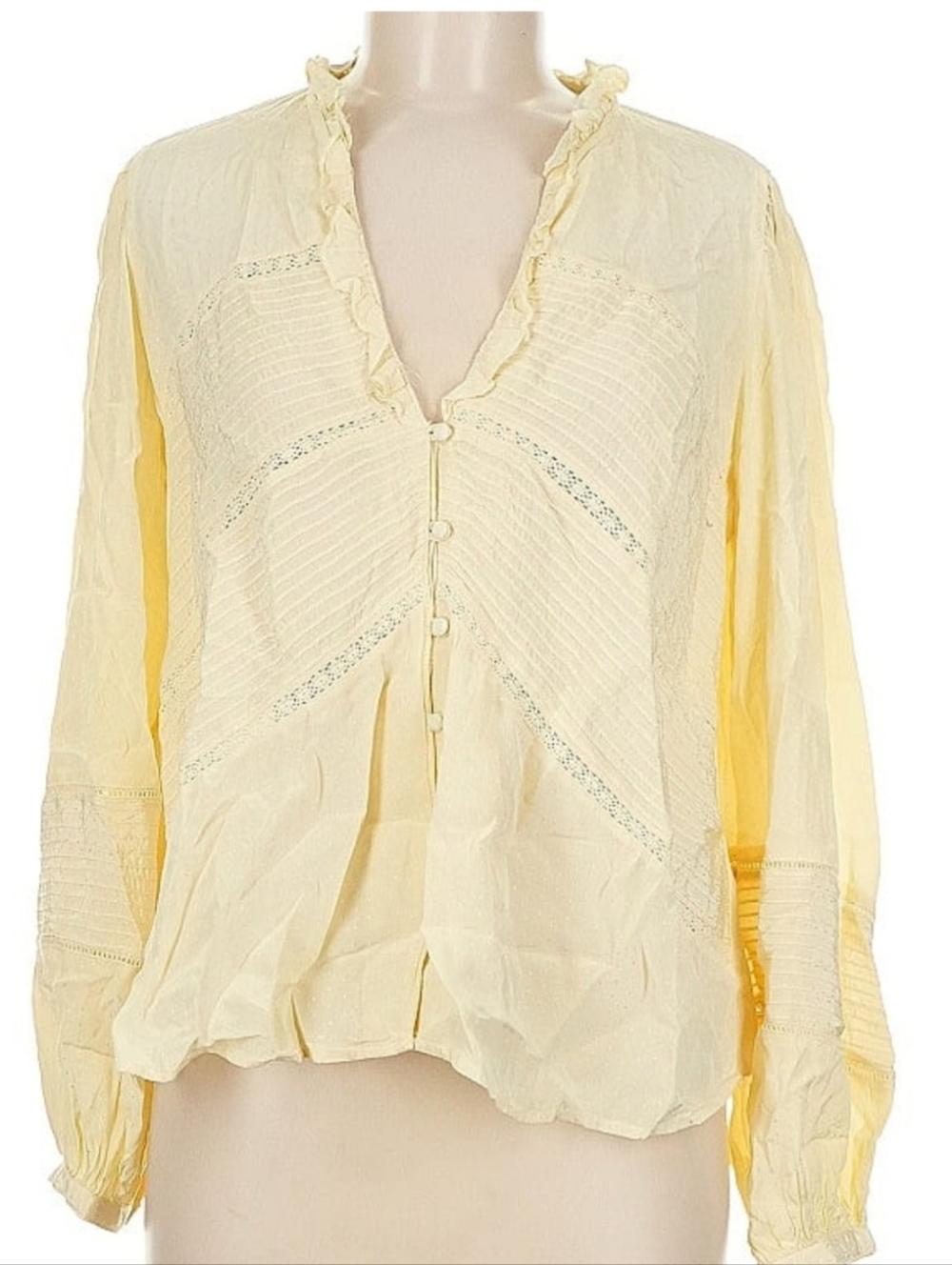 Zara Butter Yellow Ruffled V-Neck Pintuck Blouse Medium NWT